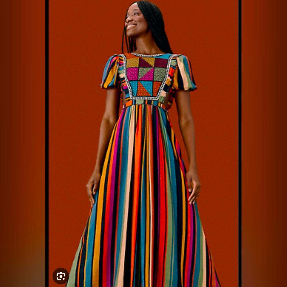 FARM Rio A-Line Blue and Red Puff Sleeve Midi Dress